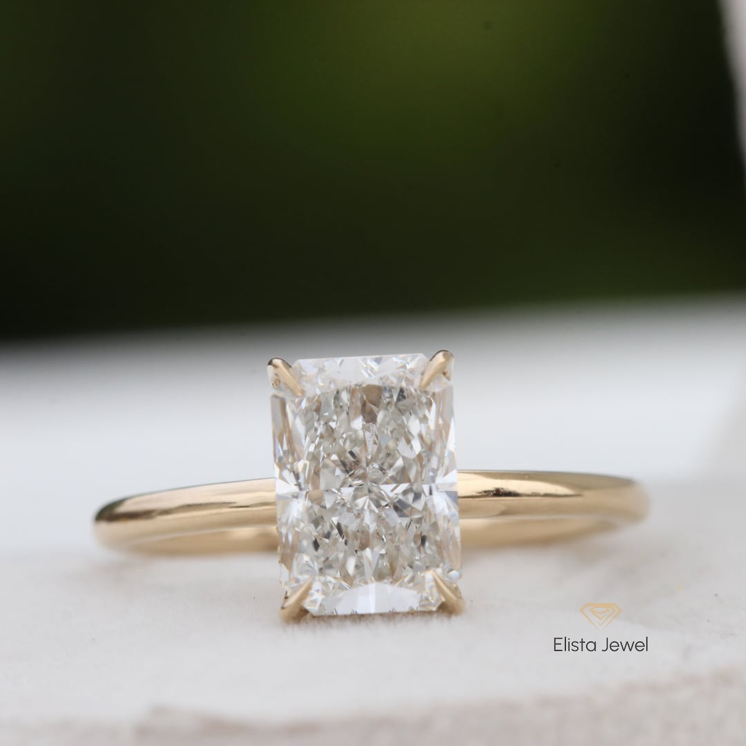 2ct Radiant Lab Grown Diamond Engagement Ring, Hidden Halo Solitaire Radiant Cut Wedding Ring