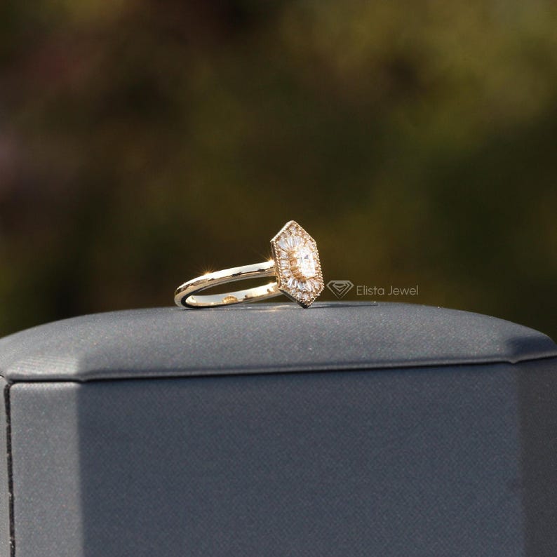 Emerald Cut Diamond Ballerina Ring: Gold Mosaic Engagement Ring