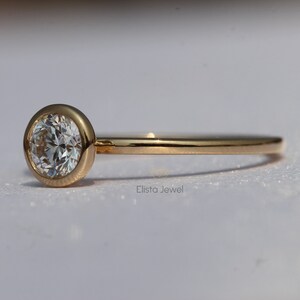 Round Cut Lab Grown Diamond Engagement Ring: 14k Yellow Gold Bezel Solitaire
