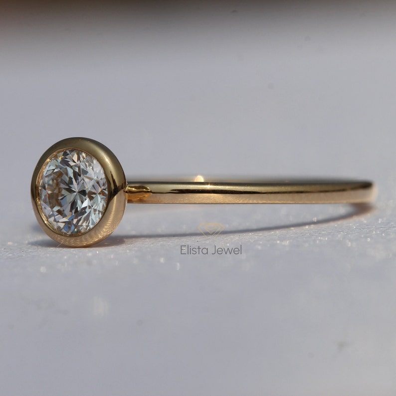 Round Cut Lab Grown Diamond Engagement Ring: 14k Yellow Gold Bezel Solitaire