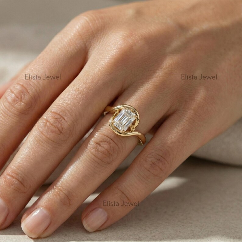 Emerald Diamond Ring Lab-Grown Cut, 18K Yellow Gold Bypass Solitaire