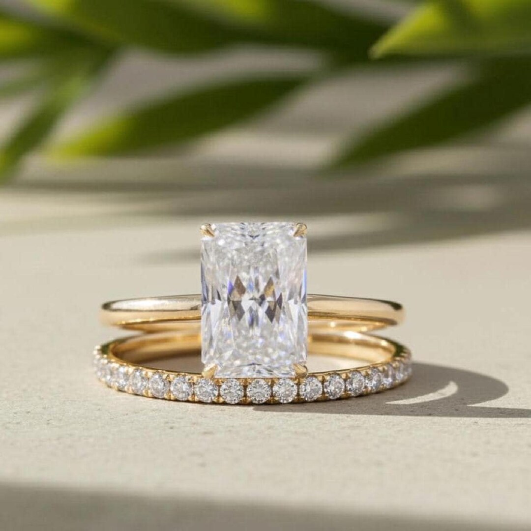 Radiant Cut Ring Lab-grown Diamond Engagement Set 14K Yellow Gold ...