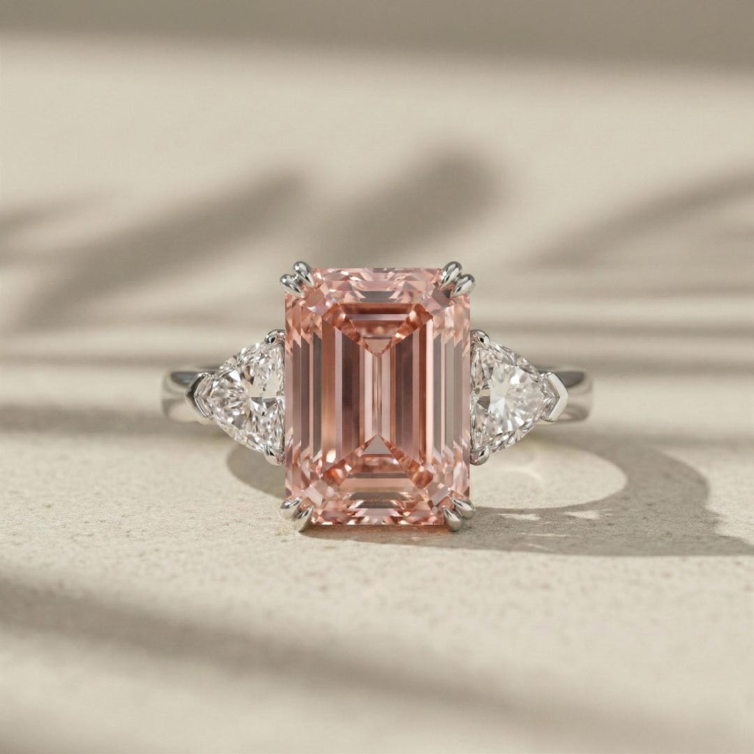 Emerald Cut Pink Lab Grown Diamond Three Stone Engagement Ring With ...