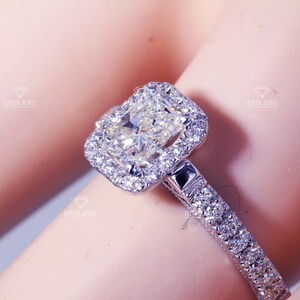 Radiant Cut Ring Lab Grown Diamond Engagement 14K Yellow Gold Halo Wedding Ring