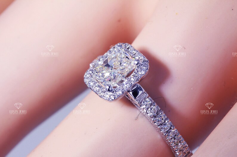 Radiant Cut Ring Lab Grown Diamond Engagement 14K Yellow Gold Halo Wedding Ring