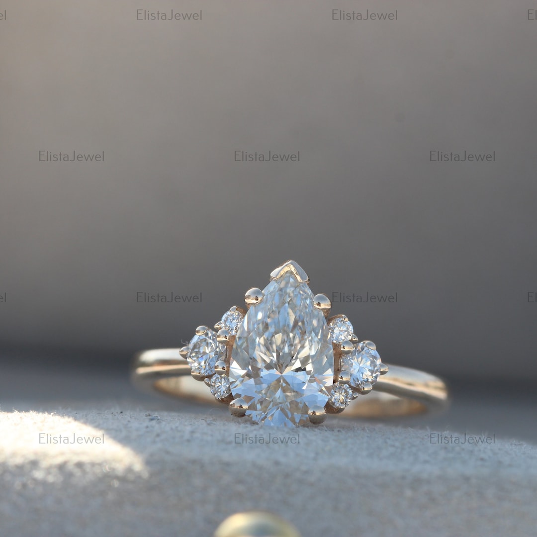 1.40CT Pear Lab Grown Diamond Cluster Ring, 14K Yellow Gold Engagement ...