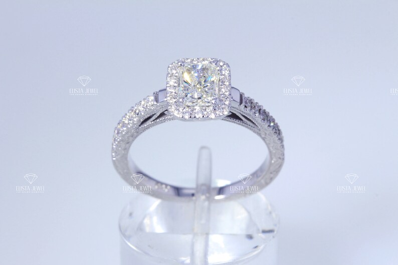 Radiant Cut Ring Lab Grown Diamond Engagement 14K Yellow Gold Halo Wedding Ring
