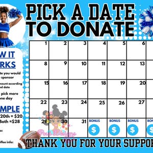 Cheer Fundraiser Kalender, Personalisierung Gestalten Sie Ihren eigenen Kalender, wählen Sie ein Datum zum Spenden aus, bearbeitbare Canva Fundraise, zahlen Sie den Datumskalender