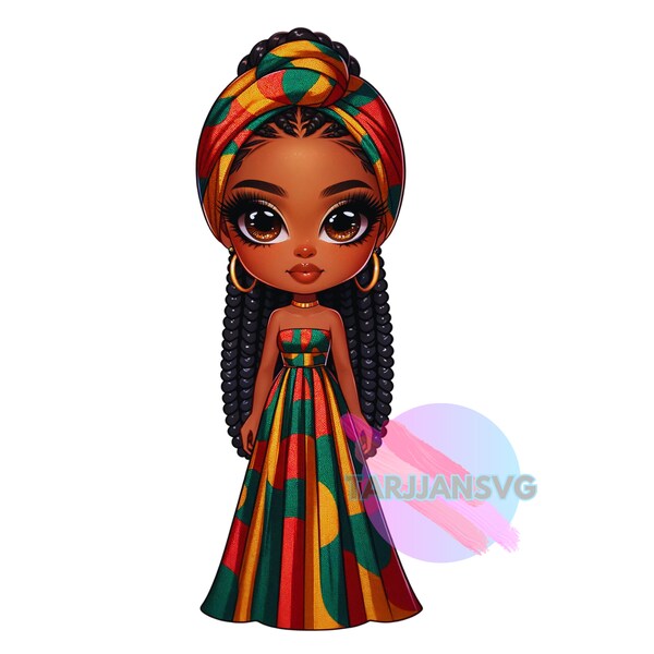 Chibi Woman In African dressed in Ankara outfit,Black History Month,Woman with Headwrap,PNG Image,Fashion, Digital Download,Chibi Art