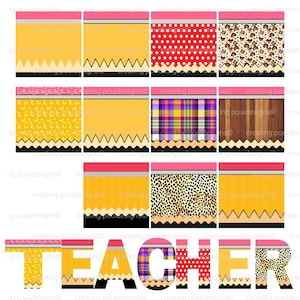 May include: A collection of pencil-themed designs with various patterns, including polka dots, leopard print, and wood grain. The word "TEACHER" is spelled out using the same pencil design.