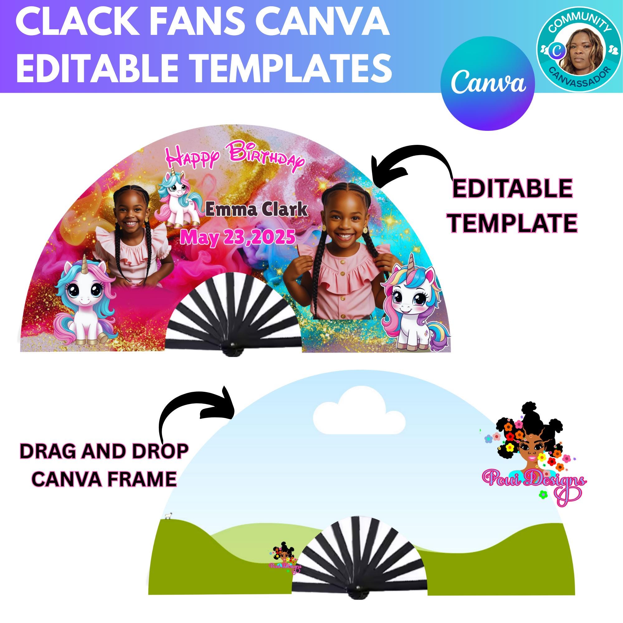 Clack Fan Templates Unicorn,Birthday Celebration,Personalized  Design Your Own,Canva Frame  Drag and Drop,Girly Fan Template for Sublimation