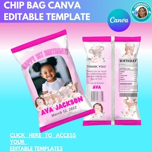 Chipzakje verjaardag baby, bewerkbaar op canvas, sjabloon chipzakje voor baby, tekst wijzigen, kleuren wijzigen, verjaardagsfeestje, verjaardag babymeisje