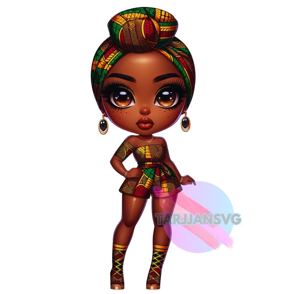 Chibi Woman In African dressed in Ankara outfit,Black History Month,Woman with Headwrap,PNG Image,Fashion, Digital Download,Chibi Art, nr 9