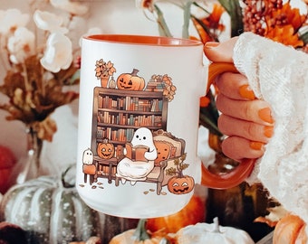 Cute Ghost Halloween Mug, Ghost Reading Book Mug, Book Lovers Coffee Mug, Halloween Fall Mug, Bookish Cup, New Home Gifts, Boo Pumpkin Mug