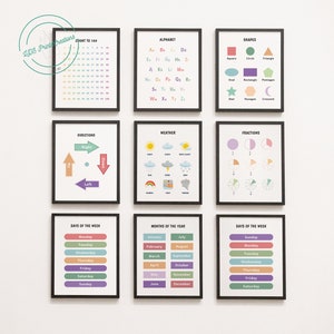 Conjunto de 8 carteles educativos, arte de pared, educación en casa imprimible / alfabeto, números, clima, meses, fracciones