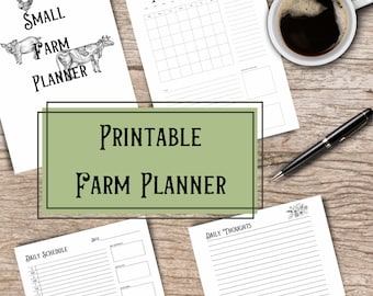 May include: Printable farm planner pages with a monthly overview, daily schedule, and daily thoughts sections. The pages are decorated with illustrations of a pig, cow, and chicken.