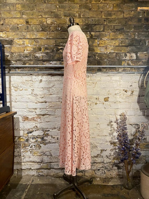 FRANKLIN SIMON vintage 1930s evening dress, totally sheer blush lace, bias cut see through feather weight sheath gown
