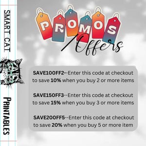 May include: Promotional image with colorful tags spelling "PROMOS" and the word "Offers". Includes text: "SAVE100FF2 to save 10%", "SAVE150FF3 to save 15%", and "SAVE200FF5 to save 20%". A "SMART CAT PRINTABLES" logo is on the left.