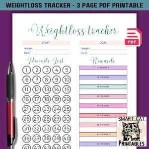 Puede incluir: Un rastreador de pérdida de peso imprimible con un esquema de color rosa, melocotón y azul. El rastreador incluye una sección para rastrear las libras perdidas y una sección para rastrear las recompensas por alcanzar las metas de pérdida de peso. El rastreador también incluye una sección para el peso inicial y el peso objetivo.