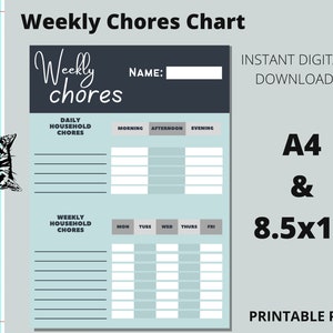 May include: Printable weekly chores chart in blue and gray with sections for daily and weekly household chores, morning, afternoon, and evening. The chart is labeled "Weekly Chores Chart" and includes the text "Instant Digital Download, A4 & 8.5x11, Printable PDF".