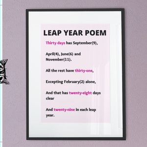 Schrikkeljaar gedicht Instant Download kunst aan de muur dagen van de maand Homeschool afdrukbare klas decor kleuterschool grafieken 12 maanden poster grafiek dagen