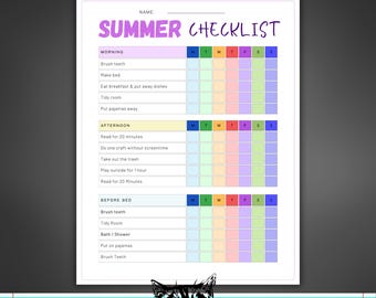 Kid's Printable Editable SUMMER Daily Checklist, Chore Chart for Children, Summer Rules Routine PDF file, Easy to use Instant Download File