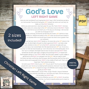 Könnte beinhalten: Ein druckbares christliches Links-Rechts-Spiel mit dem Titel "God's Love Left Right Game". Das Design zeigt Herzen und ein Kreuz, mit dem Text "2 Größen enthalten!" und "Digitaler Download".
