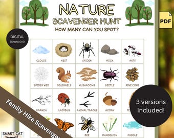 Fun Nature Scavenger Hunt for Kids, Ages 6-14 Printable Outdoor Nature Scavenger Hunt, Hike Activity, Family Nature Walk Activity Game PDF