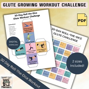 May include: A digital PDF workout challenge titled "Glute Growing Workout Challenge." The design includes a 30-day roll-the-dice glute workout, with exercises like sumo squats and glute bridges. The image also includes the text "Digital Download."