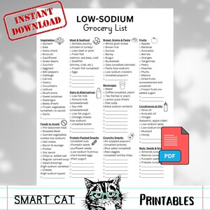 Lista de compras com baixo teor de sódio em PDF para impressão, lista de dieta de alimentos com baixo teor de sódio para download digital, lista para diabéticos, lista de compras Keto, lista de compras Master
