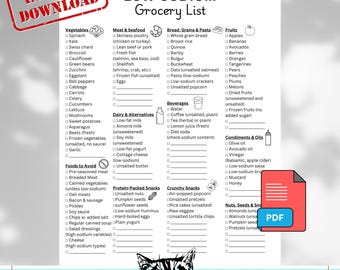 Low sodium grocery list PDF printable, low sodium food Diet list Digital Download, diabetic list, Keto grocery list, Master grocery list