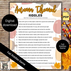 Puede incluir: Una descarga digital de un juego de adivinanzas con temática otoñal. El juego presenta una lista de adivinanzas con temas relacionados con el otoño, como calabazas, huertos y cosechas. El diseño incluye colores otoñales y elementos decorativos.