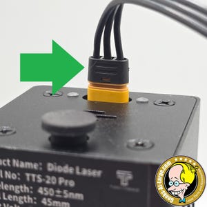 May include: A close-up shot of a black diode laser component with a yellow and black connector being inserted. A green arrow indicates the direction of the connection. The component is labelled "Diode Laser" and "TTS-20 Pro".
