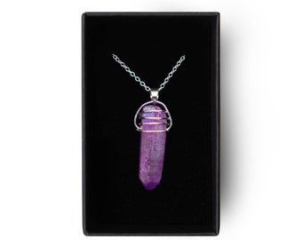 Wire Wrapped Purple Titanium-Coated Quartz Crystal Pendant Necklace | Silver Plated 18" Chain | Handwrapped | Crystal Necklace