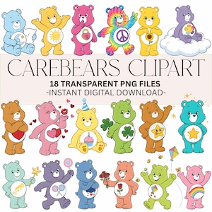 Peut inclure: Une collection de cliparts Care Bears colorés. L'image présente divers ours de différentes couleurs, chacun avec des motifs et des accessoires uniques. Le texte en haut indique "Carebears Clipart" et en dessous, "18 Transparent PNG Files - Instant Digital Download".