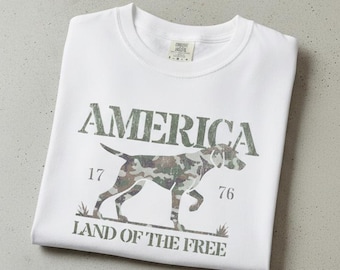 Comfort Colors American Land of the Free T-Shirt - 1776 - America - Patriotic Tee - 250 Years of Freedom - German Shorthaired Pointer - Camo