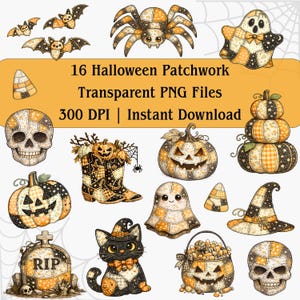 Puede incluir: Una colección digital de 16 ilustraciones de patchwork de Halloween con murciélagos, una araña, fantasmas, calabazas, una calavera, una lápida con el texto RIP, un gato y un sombrero de bruja en patrones de color naranja, negro y blanco.