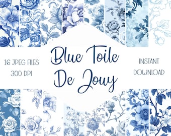 Blue Toile De Jouy Digital Paper, French Floral Patterns (Digital Download)