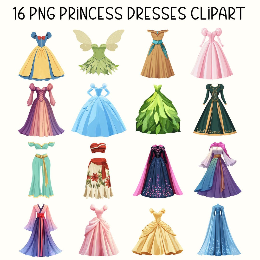 Princess Dress Clipart Bundle: 16 Flat Style PNG Illustrations (digital ...