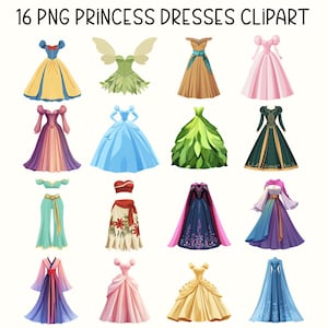 Disney Princess Dress Clipart Bundle | 16 PNG Flat Style Illustrations | Princess Gown Clip Art | Transparent Background | Digital Download
