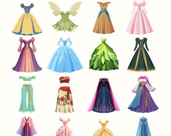 Disney Princess Dress Clipart Bundle | 16 PNG Flat Style Illustrations | Princess Gown Clip Art | Transparent Background | Digital Download