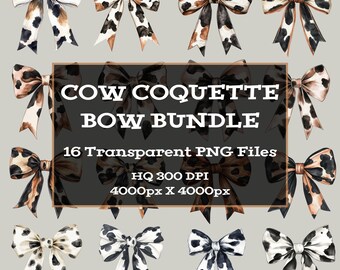 Watercolor Cow Print Coquette Bow Clipart – Trendy Illustration (Digital Download)