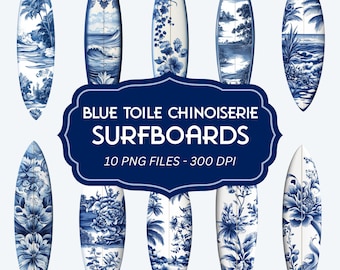 Blue Toile Surfboard Clipart – Chinoiserie PNG Graphics (Digital Download)