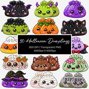 Peut inclure: Une collection de 30 illustrations de boulettes sur le thème d'Halloween avec des personnages comme des chauves-souris, citrouilles, chats, momies et zombies aux textures pailletées. Le texte central indique 30 Halloween Dumplings 300 DPI Transparent PNG 4000px X 4000px.
