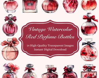 Red Vintage Perfume Bottle Watercolor Clipart – Floral Beauty (Digital Download)
