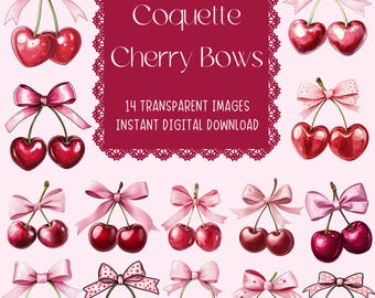 Valentine's Day Cherry Coquette Bows - Cherries - Digital Download - Digital Clipart - Valentine's Day Gift - VDAY - Cute Bows - Ribbon
