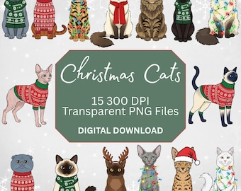 Weihnachtliche Katzen-Cliparts | 15 festliche Feiertags-PNGs (Digitaler Download)
