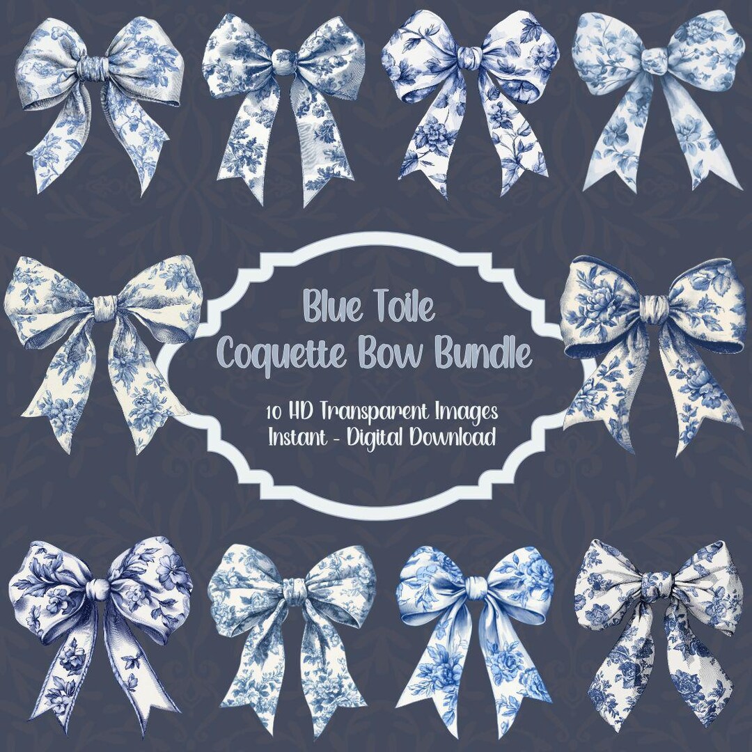 Blue Toile Coquette Bow Clipart – Floral PNG Bundle (digital Download ...