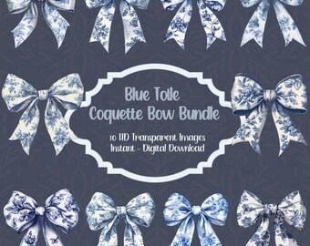 Blue Toile Coquette Bow Clipart – Floral PNG Bundle (Digital Download)