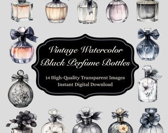 Black Vintage Perfume Bottle Watercolor Clipart – Girly Floral (Digital Download)